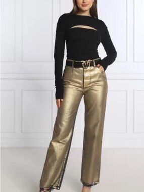 Pinko Sveva 8 Gold Foil Jeans Made in Italy High Rise Straight Leg Size 29